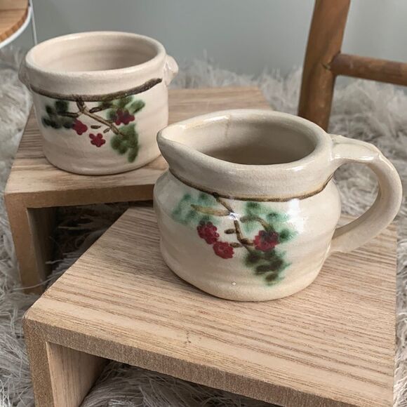 Handmade Pottery Stonewear Mini Sugar And Creamer With Hand-painted Details - Picture 1 of 17